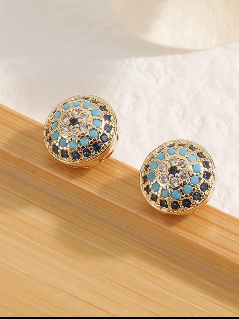 Gold Tone Blue Pave Disc Stud Earrings